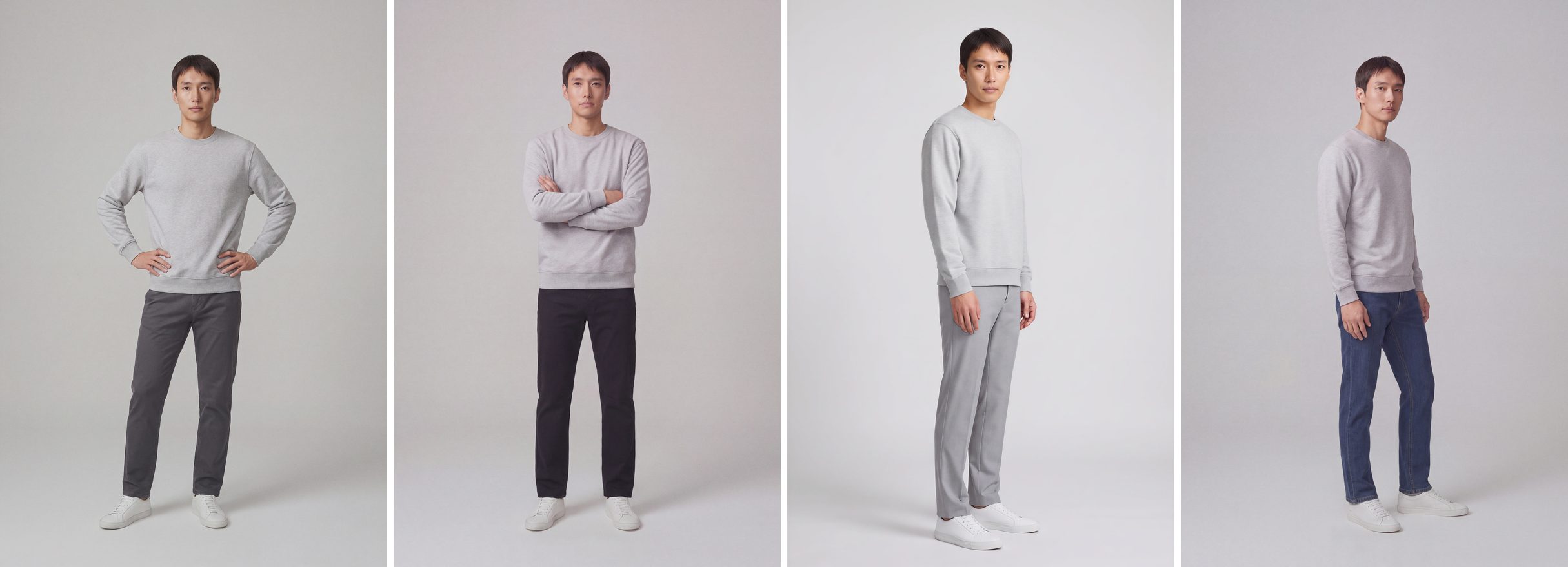 The same AI model in four poses and four outfits, rendered by NotShot